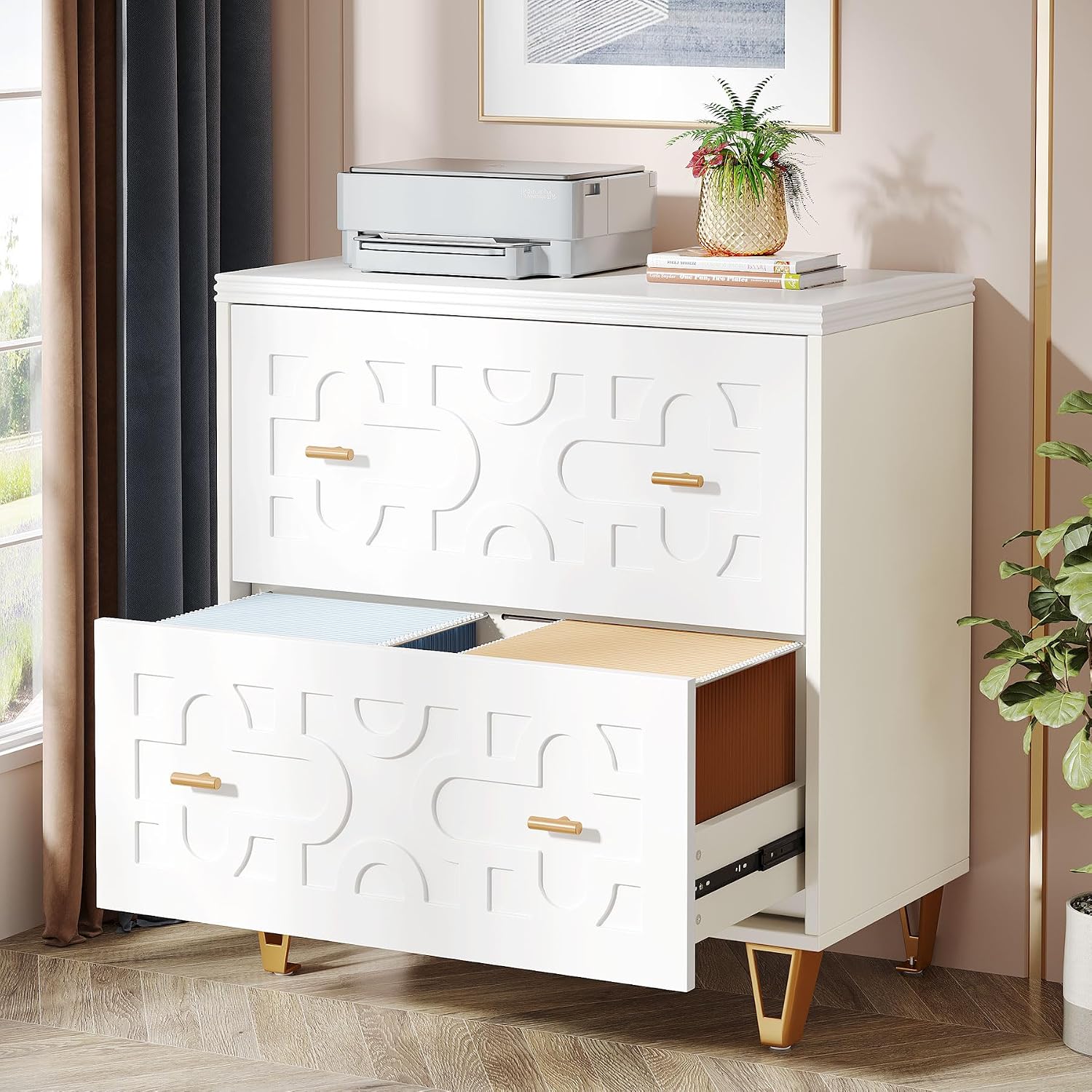 Printer Stand - Seitlicher Aktenschrank mit 2 Schubladen, warmweiß